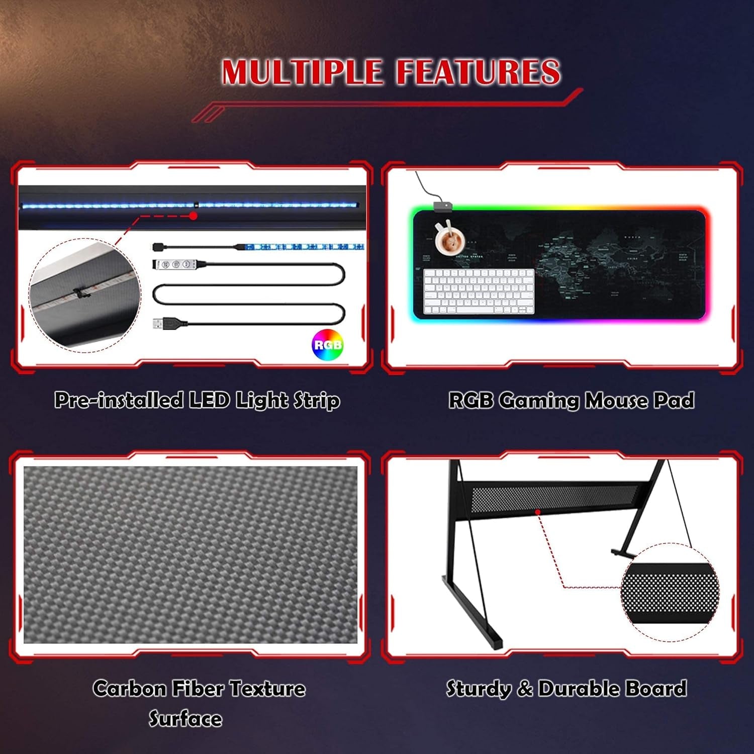 L-Shaped Led Gaming Computer Desk, RGB Strip Light Modern Corner PC Laptop Desk Study Table Workstation Home Office Desk with Large Elevated Ergonomic Shelf Carbon Black