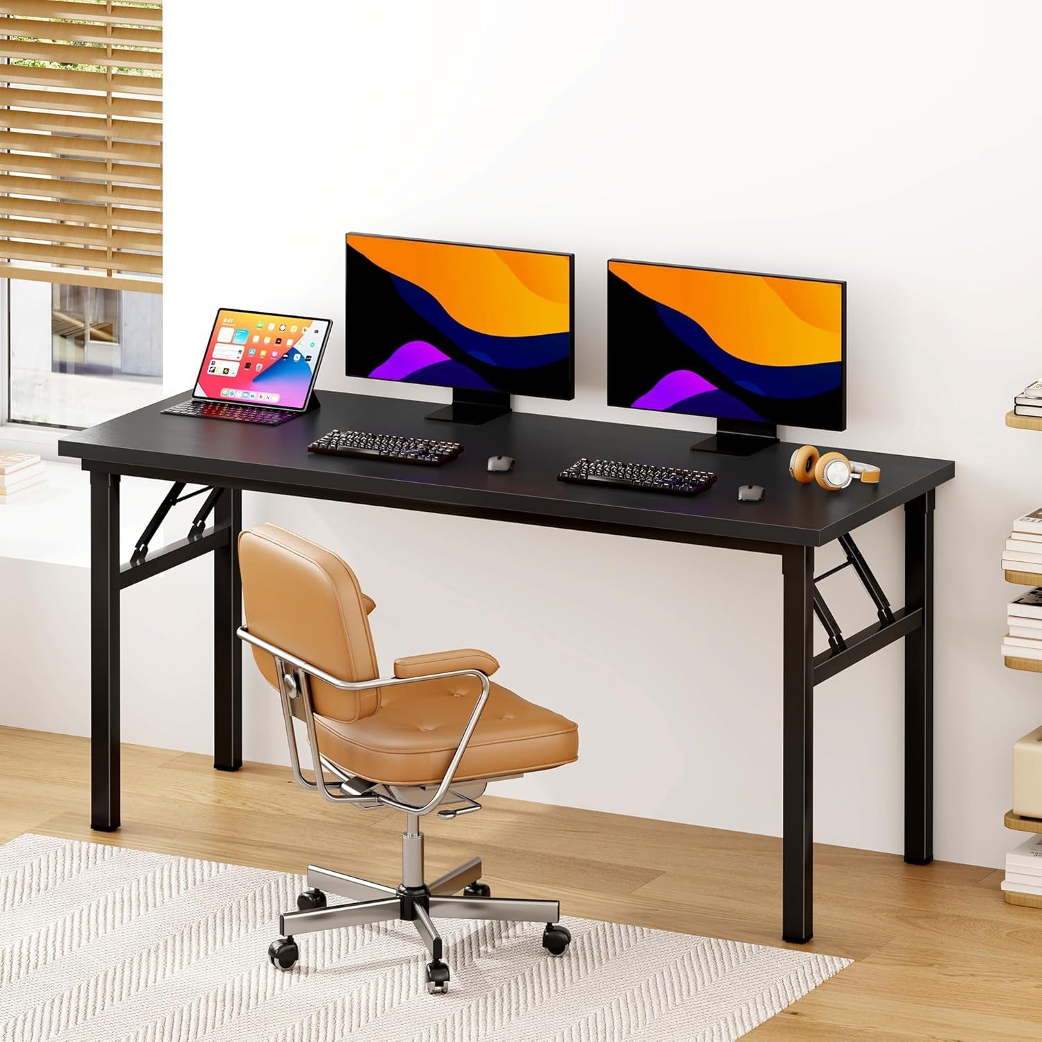 Computer Desk 62 Inches Office Desk Computer Table Study Writing Desk Workstation for Home Office Metal Frame Black and Black