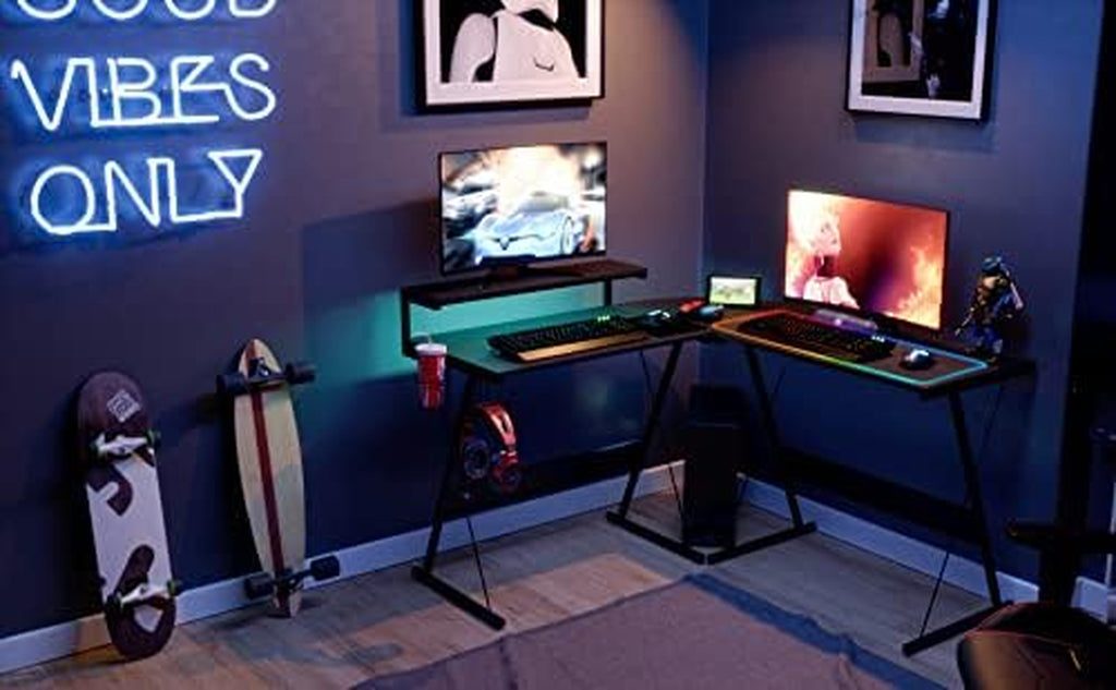 L-Shaped Led Gaming Computer Desk, RGB Strip Light Modern Corner PC Laptop Desk Study Table Workstation Home Office Desk with Large Elevated Ergonomic Shelf Carbon Black