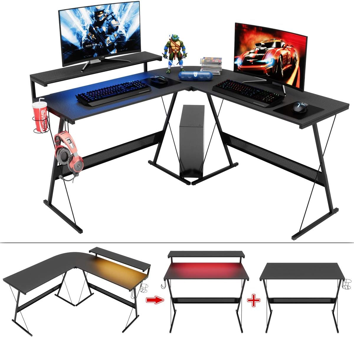 L-Shaped Led Gaming Computer Desk, RGB Strip Light Modern Corner PC Laptop Desk Study Table Workstation Home Office Desk with Large Elevated Ergonomic Shelf Carbon Black