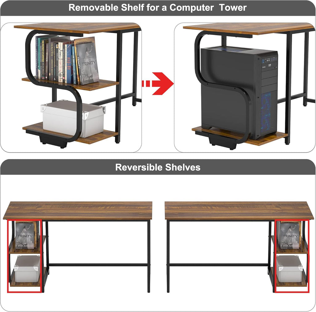 Reversible Computer Desk for Small Spaces with Shelves,Gaming Desk Office Desk for Home Office (47In, Dark Teak)