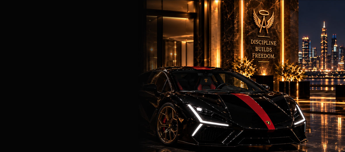 Black and gold luxury Aelari showroom with supercar and gold Discipline Builds Freedom wall signage