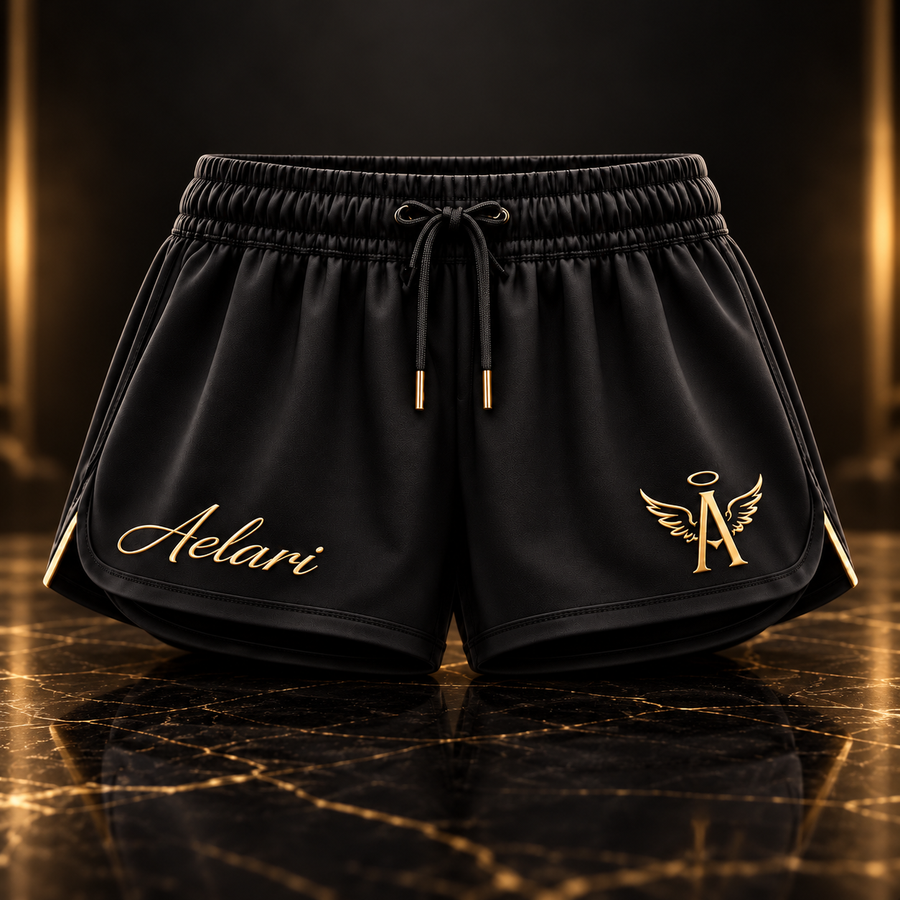 Aelari Solstice training shorts — luxury black and gold studio