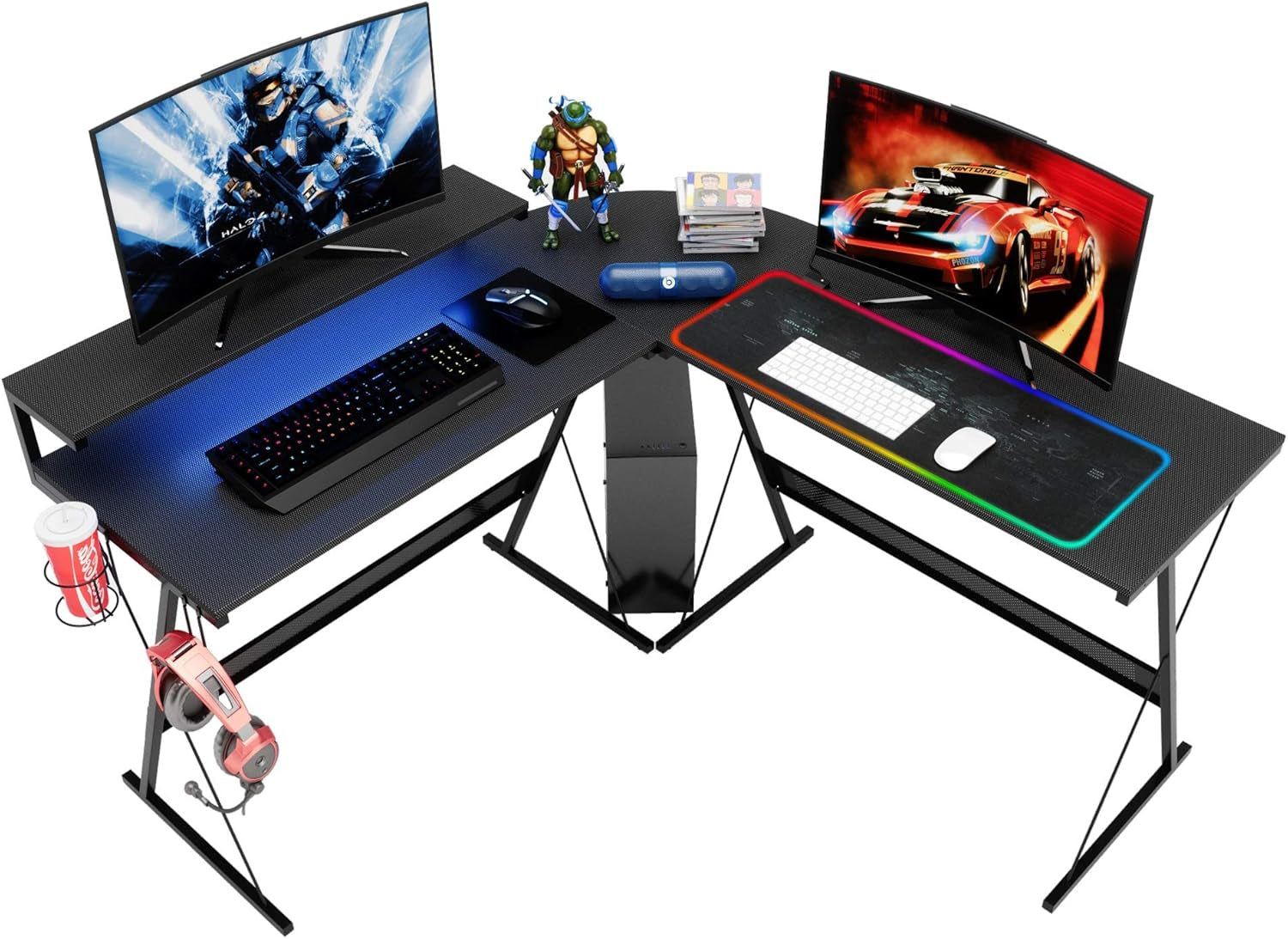 L-Shaped Led Gaming Computer Desk, RGB Strip Light Modern Corner PC Laptop Desk Study Table Workstation Home Office Desk with Large Elevated Ergonomic Shelf Carbon Black