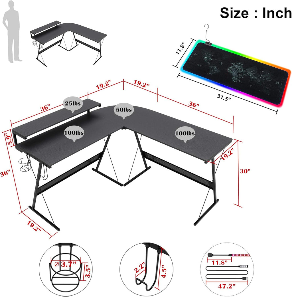 L-Shaped Led Gaming Computer Desk, RGB Strip Light Modern Corner PC Laptop Desk Study Table Workstation Home Office Desk with Large Elevated Ergonomic Shelf Carbon Black